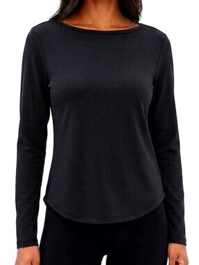 LL Bean Womens Supima Cotton Tee Long Sleeve Boat Neck Tshirt Black Size Medium